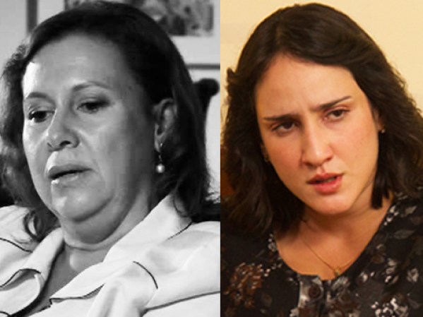 María Victoria Henao es en la vida real la viuda de Escobar (foto de la izquierda), interpretada por la actriz Cecilia Navia. María Victoria se cambió el nombre a Maria Isabel Santos Caballero, por seguridad.