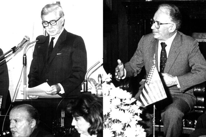 Los presidentes de Colombia Virgilio Barco y Belisario Betancur. Durante sus mandatos transcurrieron los principales debates sobre el tratado de la extradición a Estados Unidos.