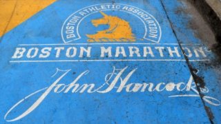 This April 20, 2020, file photo shows a view of the Boston Marathon finish line in Boston, Massachusetts. The race was delayed to the fall before being cancelled due to the coronavirus pandemic.