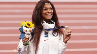 Bronze Medalist Gabrielle Thomas of USA during the medal ceremony of the Women's 200m Final on day twelve of the athletics events of the Tokyo 2020 Olympic Games at Olympic Stadium on August 4, 2021, in Tokyo, Japan.