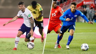 Christian Pulisic (10) of the United States, left, and Narciso Orellana (6) of El Salvador, right. The United States and El Salvador will face off in the World Cup qualifiers in Ohio, Jan. 27, 2022.