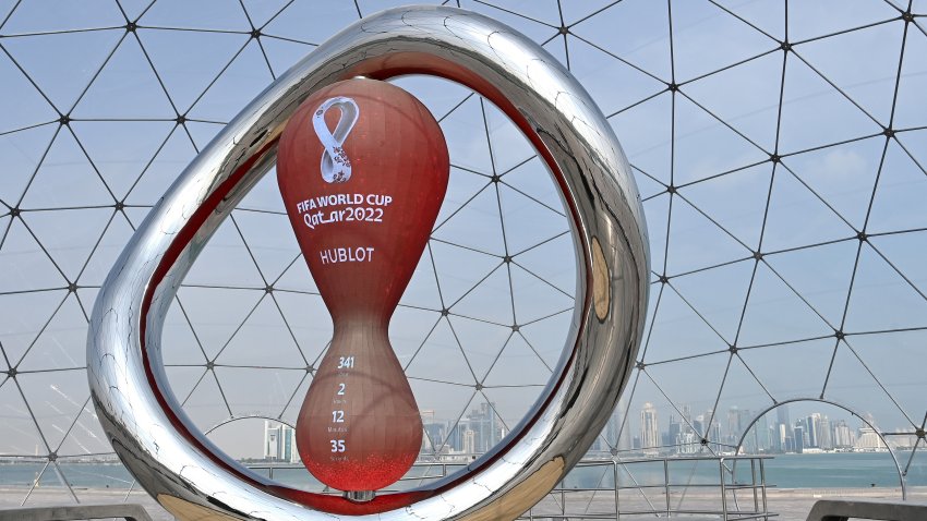 DOHA, QATAR – DECEMBER 15:  The Countdown clock for the FIFA Qatar World Cup 2022 on the Corniche during the FIFA Arab Cup Qatar on December 15, 2021 in Doha, Qatar.