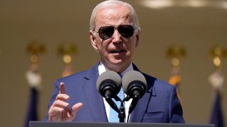 President Joe Biden speaks in the Rose Garden of the White House in Washington.