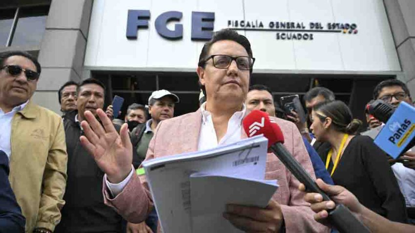 Former Assembly member and now presidential candidate, Fernando Villavicencio, speaks to journalists upon his arrival at the Attorney General’s Office in Quito on August 8, 2023. Fernando Villavicencio asked the Attorney General’s Office to investigate former officials related to the oil sector of the governments of Rafael Correa, Lenín Moreno, and Guillermo Lasso as part of a criminal complaint that he filed on Tuesday. (Photo by Rodrigo BUENDIA / AFP) (Photo by RODRIGO BUENDIA/AFP via Getty Images)