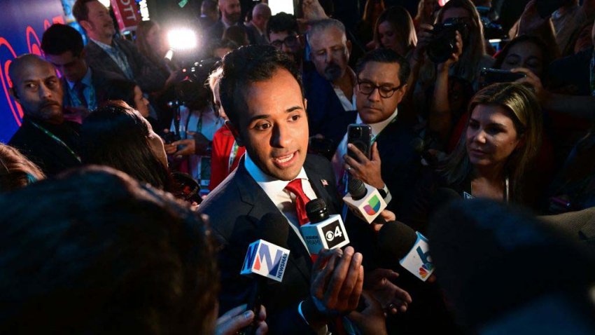 Entrepreneur Vivek Ramaswamy speaks to members of the media in the spin room following the third Republican presidential primary debate, at the Adrienne Arsht Center for the Performing Arts in Miami, Florida, on November 8, 2023. (Photo by GIORGIO VIERA / AFP) (Photo by GIORGIO VIERA/AFP via Getty Images)