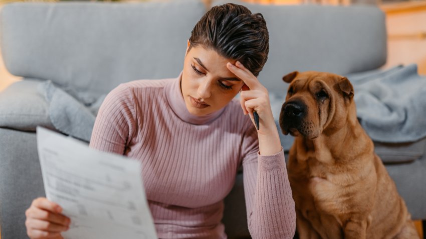 Joven preocupada revisando sus finanzas mientras está sentada en el suelo de su casa, con su simpático perro shar-pei.