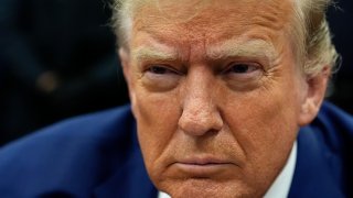 Former U.S. President Donald Trump attends his trial for allegedly covering up hush money payments at Manhattan Criminal Court on May 6, 2024 in New York City.