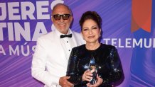 BILLBOARD MUJERES LATINAS EN LA MUSICA 2024 -- Pictured: (l-r) Emilio Estefan, Gloria Estefan backstage at the Telemundo Center in Miami, FL on June 8, 2024 -- (Photo by: Alexander Tamargo/TELEMUNDO)