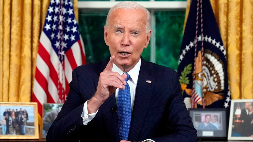 US President Joe Biden delivers a prime-time address to the nation in the Oval Office of the White House in Washington, DC, US, on Wednesday, July 24, 2024. The president’s historic decision to end his reelection bid, which came after weeks of calls from fellow Democrats to exit the race following a debate performance that fanned questions over his age and acuity, upended the presidential contest with just over 100 days until final votes are cast. Photographer: Evan Vucci/AP Photo/Bloomberg via Getty Images