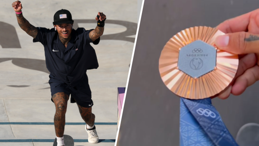 Nyjah Huston skateboards around Paris with his bronze medal.