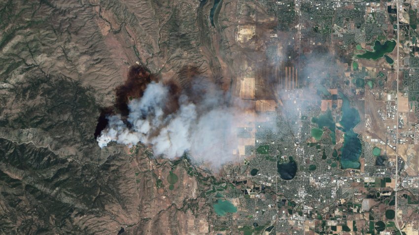 FORT COLLINS, CO – 29 JULY 2024: Satellite image captured on July 29, 2024, shows the Alexander Mountain fire near Loveland, Colorado. The wildfire, which began on Monday, has rapidly expanded, leading to mandatory evacuations in the area. (Photo by Gallo Images/Orbital Horizon/Copernicus Sentinel Data 2024)