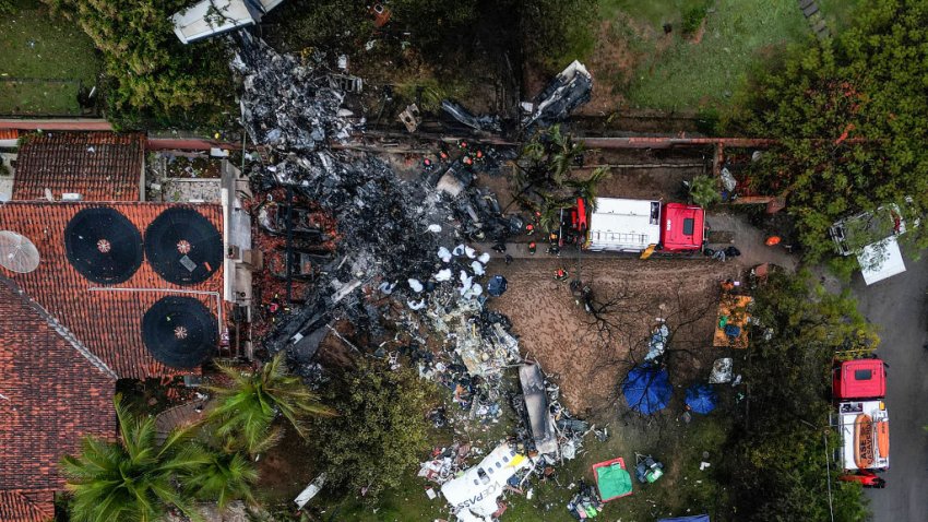 TOPSHOT – This photo shows an aerial view of the wreckage of an airplane that crashed with 61 people on board in Vinhedo, Sao Paulo State, Brazil, on August 10, 2024. An airplane carrying 57 passengers and four crew crashed on August 9 in Brazil’s Sao Paulo state, killing everyone on board, the airline said. The aircraft, an ATR 72-500 operated by Voepass airline, was traveling from Cascavel in southern Parana state to Sao Paulo’s Guarulhos international airport when it crashed in the city of Vinhedo. (Photo by Nelson ALMEIDA / AFP) (Photo by NELSON ALMEIDA/AFP via Getty Images)