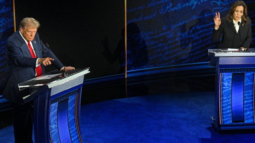 Former US President and Republican presidential candidate Donald Trump speaks during a presidential debate with US Vice President and Democratic presidential candidate Kamala Harris at the National Constitution Center in Philadelphia, Pennsylvania, on September 10, 2024. (Photo by SAUL LOEB / AFP) (Photo by SAUL LOEB/AFP via Getty Images)