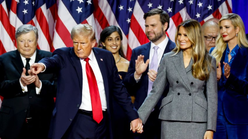 Former US President Donald Trump, from second left, Usha Chilukuri Vance, wife of JD Vance, Senator JD Vance, a Republican from Ohio and Republican vice-presidential nominee, former US First Lady Melania Trump, and Ivanka Trump, former senior adviser to Donald Trump, during an election night event at the Palm Beach Convention Center in West Palm Beach, Florida, US, on Wednesday, Nov. 6, 2024. Trump is on the cusp of recapturing the White House, projected as the winner across pivotal swing states with his party set to control the Senate and markets swinging in expectation of his possible victory. Photographer: Eva Marie Uzcategui/Bloomberg via Getty Images