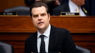 Rep. Matt Gaetz (R-FL) listens to testimony from Chairman of the Joint Chiefs of Staff Gen. Charles Brown Jr., Defense Secretary Lloyd Austin and Under Secretary of Defense Comptroller Mike McCord during a hearing in the Rayburn House Office Building on Capitol Hill on April 30, 2024 in Washington.