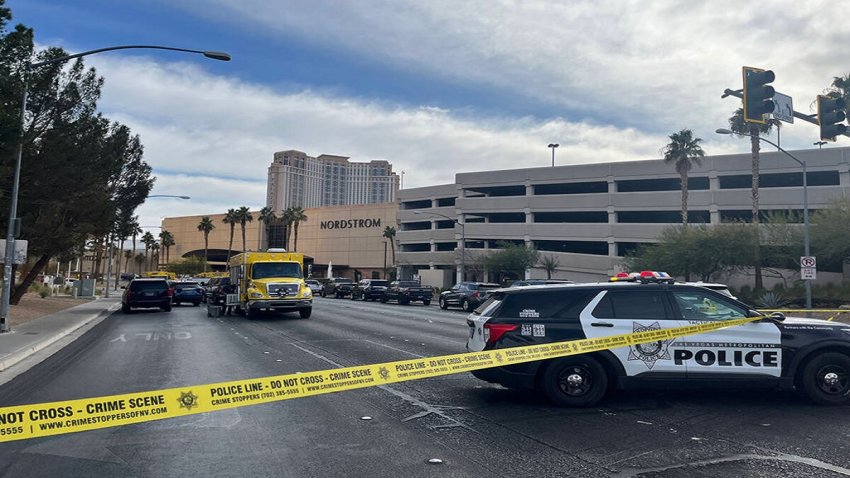 Police enforce road closures at Desert Inn Road and Sammy Davis Jr. Drive after a vehicle fire and explosion Wednesday, Jan. 1, 2025, in front of the entrance to Trump Inrternational Hotel in Las Vegas. (Noble Brigham/Las Vegas Review-Journal/Tribune News Service via Getty Images)