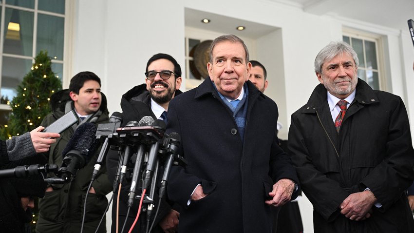 Venezuelan opposition leader Edmundo Gonzalez Urrutia (2nd from R) departs after speaking to the press after meeting with US President Joe Biden, outside of the West Wing of the White House on January 6, 2025, in Washington, DC. (Photo by Mandel NGAN / AFP) (Photo by MANDEL NGAN/AFP via Getty Images)