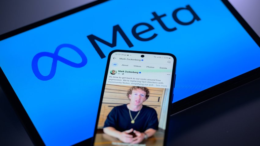 Mark Zuckerberg’s personal Facebook account is displayed on a mobile phone with the Meta logo visible on a tablet screen in this photo illustration in Brussels, Belgium, on January 7, 2025. (Photo by Jonathan Raa/NurPhoto via Getty Images)