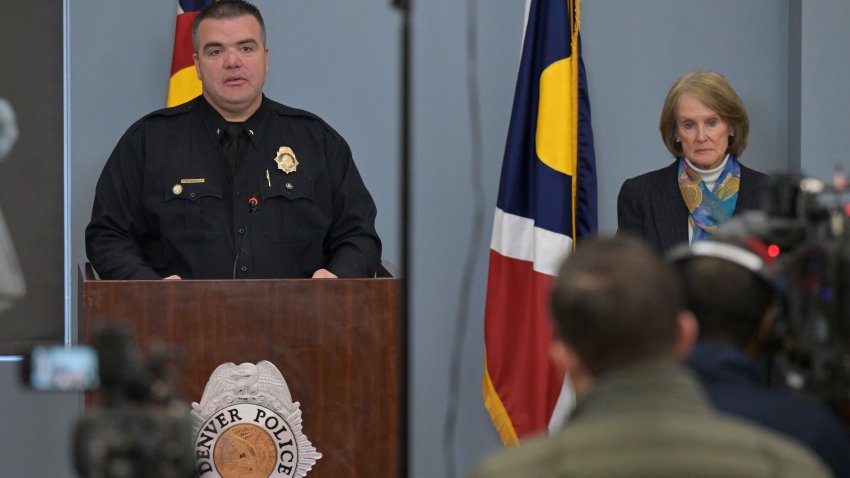 DENVER, CO – FEBRUARY 16 : Denver Police Department Major Crimes Division Commander Matt Clarkat, left, and Denver District Attorney Beth McCann answer questions from reporters at Denver Police Crime Lab in Denver, Colorado on Friday, February 16, 2024. Denver Police Department announced an arrest warrant has been issued for 33-year-old Miles Harford for investigation of Abuse of a Corpse, Forgery and Theft related to the discovery of a deceased woman’s remains and professionally cremated remains among property left by Harford at a house he was renting in the 2500 block of South Quitman Street. (Photo by Hyoung Chang/The Denver Post)