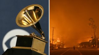 LOS ANGELES, CALIFORNIA - JANUARY 8: A man watches the flames from the Palisades Fire burning homes on the Pacific Coast Highway amid a powerful windstorm on January 8, 2025 in Los Angeles, California. The fast-moving wildfire has grown to more than 2,900-acres and is threatening homes in the coastal neighborhood amid intense Santa Ana Winds and dry conditions in Southern California.