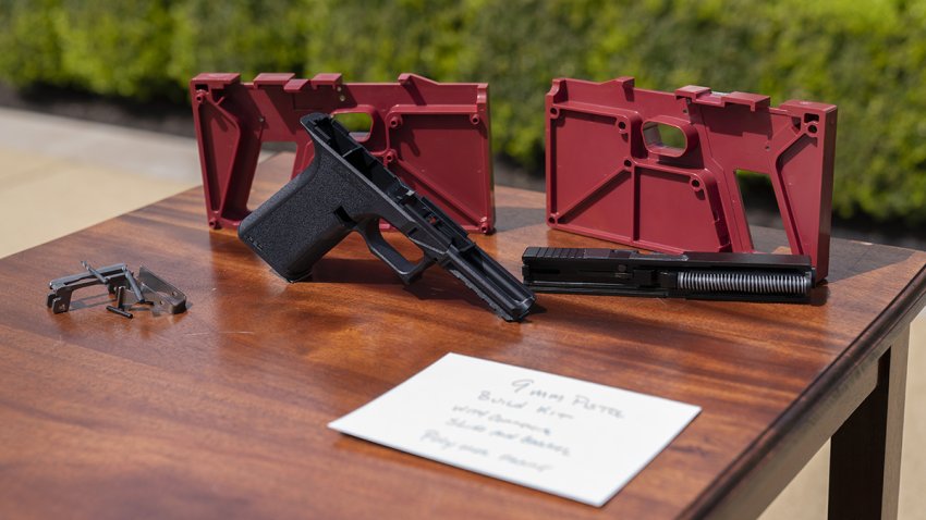 A ghost gun kit during an event in the Rose Garden of the White House in Washington, D.C., U.S., on Monday, April 11, 2022. President Biden announced the finalization of new federal rules restricting so-called “ghost guns,” which allow purchasers to assemble potentially untraceable weapons from kits. Photographer: Chris Kleponis/CNP/Bloomberg via Getty Images