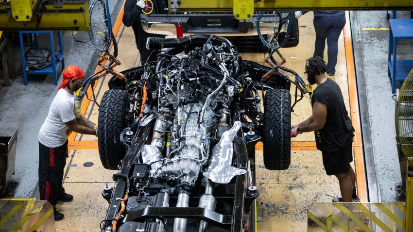 DEARBORN, MICHIGAN – APRIL 11: The new Ford F-150 truck goes through the assembly line at the Ford Dearborn Plant on April 11, 2024 in Dearborn, Michigan. Both the new F-150 and the all-new Ford Ranger trucks were launched today at a celebratory event at the Dearborn plant. (Photo by Bill Pugliano/Getty Images)