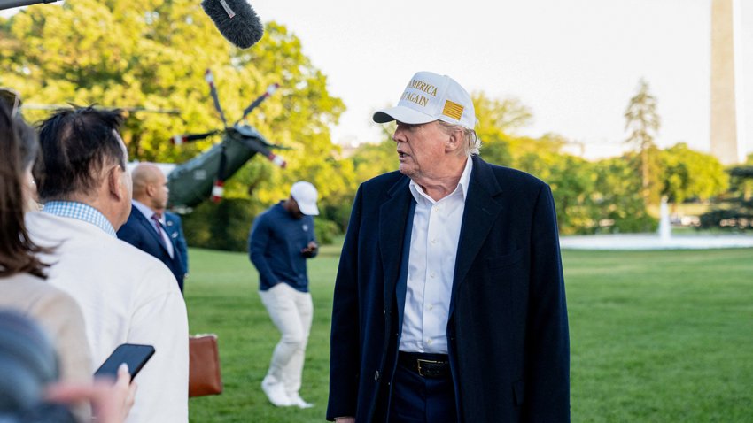 President Donald J. Trump speaks to reporters upon arriving at the White House from Bedminster, New Jersey, in Washington, D.C., on April 27, 2025. (Photo by Andrew Thomas / Middle East Images / Middle East Images via AFP) (Photo by ANDREW THOMAS/Middle East Images/AFP via Getty Images)