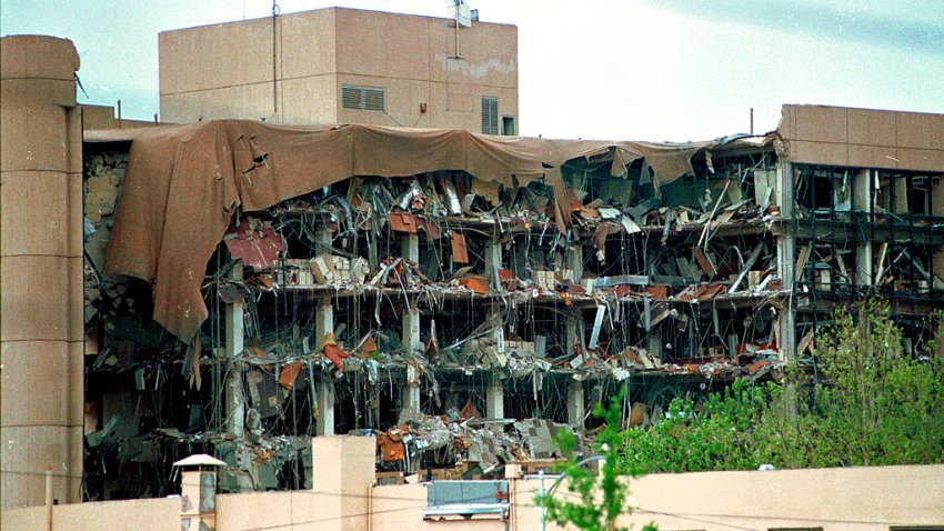 N220195 02: FILE PHOTO: Protective covering drapes over the Alfred P. Murrah Federal Building in Oklahoma City, April 19, 1995 where a terrorist bomb killed 168 people. On the fifth anniversary of the bombing, survivors, victims” family members, friends and rescue personnel gathered at the bombing site April 19, 2000 to officially dedicate a national park built to honor the people killed in the 1995 bombing. (Photo by J. Pat Carter/Liaison)