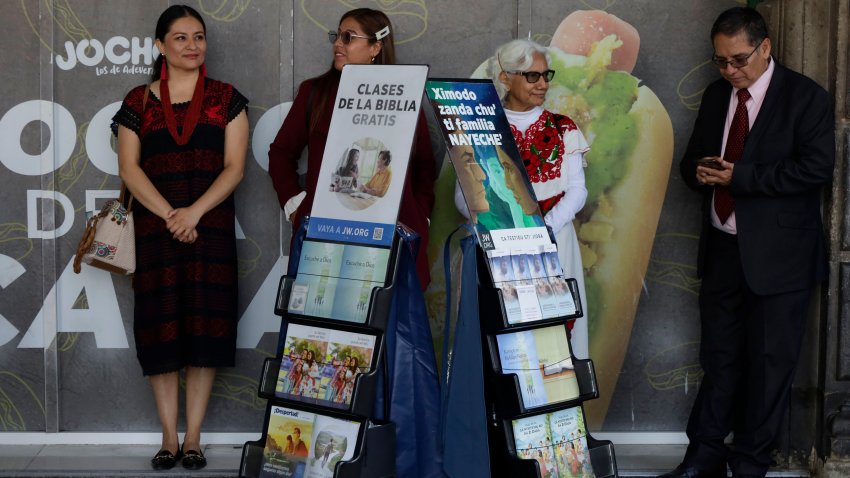 A group of Jehovah’s Witnesses is gathering at the Zocalo in Mexico City, Mexico, on August 16, 2024. (Photo by Gerardo Vieyra/NurPhoto via Getty Images)