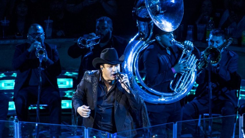 HERMOSILLO, MEXICO – APRIL 27: Julion Alvarez performs during a concert at Palenque de la ExpoGan Sonora on April 27, 2024 in Hermosillo, Mexico.(Photo by Sebastian Gaxiola/Norte Photo/Getty Images)