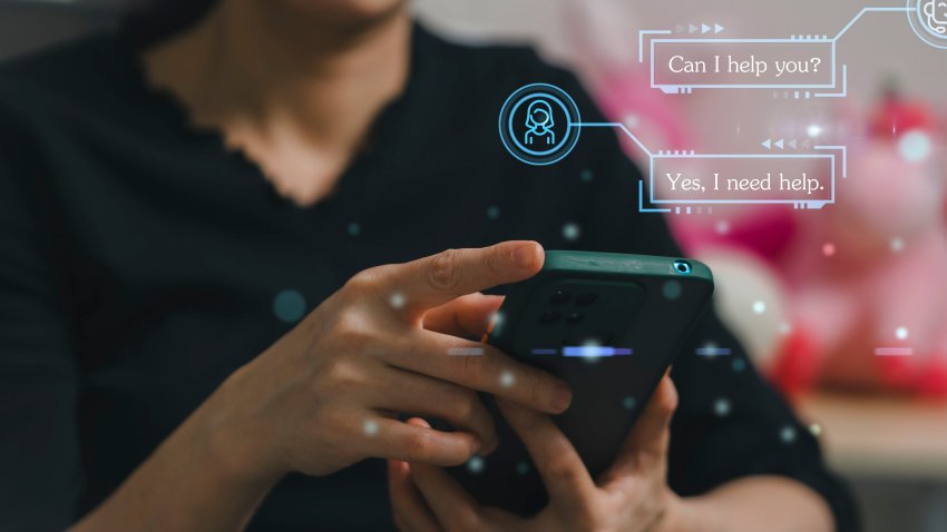 Businesswoman using technology smart chatbot AI