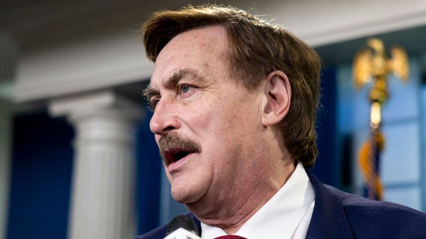 Mike Lindell, chief executive officer of My Pillow Inc., speaks to members of the media in the James S. Brady Press Briefing Room of the White House in Washington, DC, US, on Friday, Feb. 21, 2025. US President Donald Trump said the US can reduce use of illegal drugs through an anti-drug ad campaign. Photographer: Francis Chung/Politico/Bloomberg via Getty Images