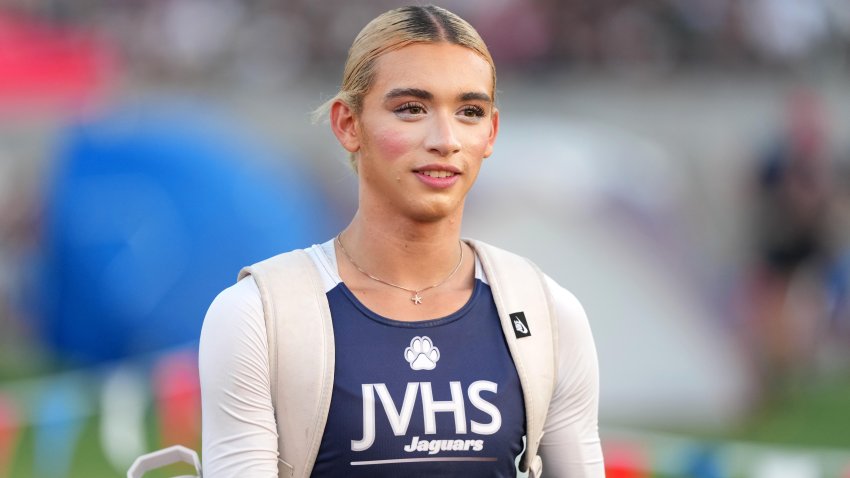 CLOVIS, CALIFORNIA – MAY 30: Transgender athlete AB Hernandez of Jurupa Valley leaves the track during the CIF State Track and Field Championships at Veterans Memorial Stadium on May 30, 2025 in Clovis, California. (Photo by Kirby Lee/Getty Images)